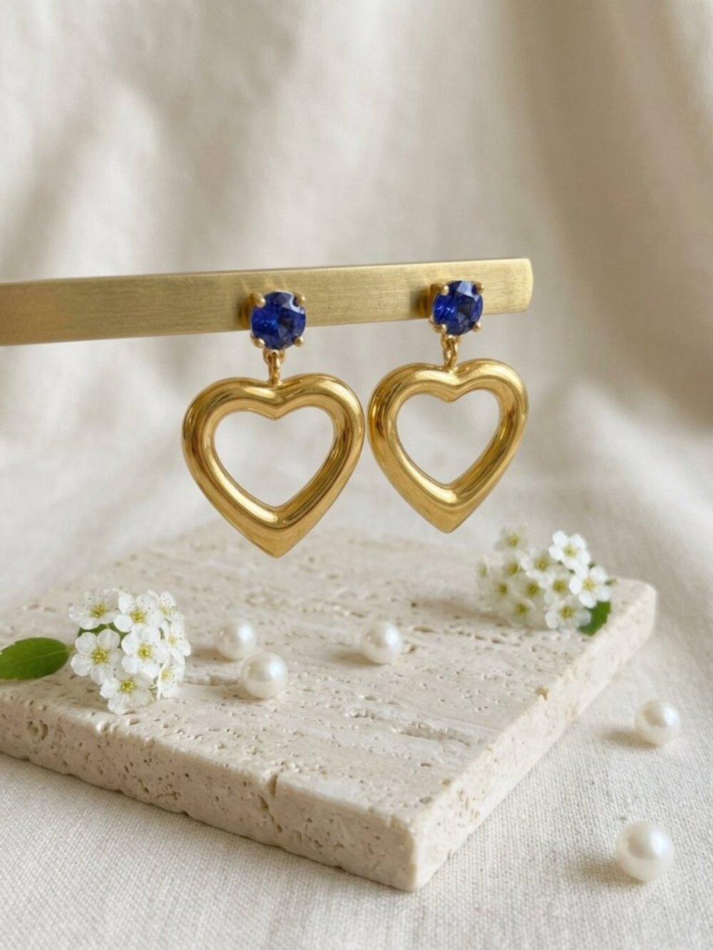 18K Gold Plated Puffy Heart Drop Earrings Blue CZ Stud Coquette Glam Statement - Picture 13 of 15